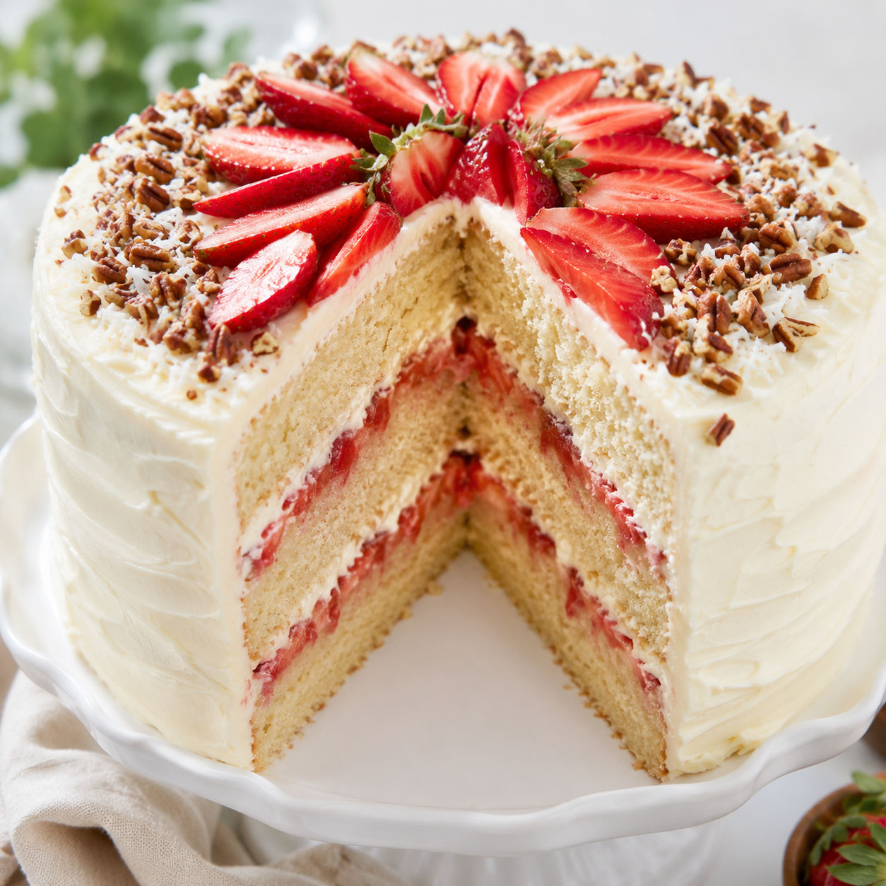 Strawberry Italian cream cake with cream cheese frosting and pecans