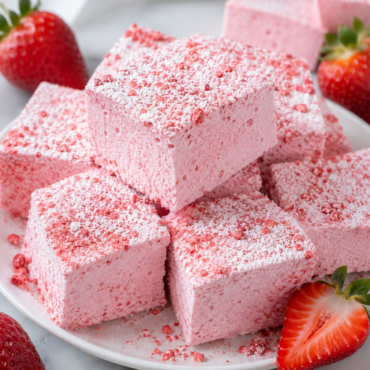 Pink homemade strawberry marshmallows dusted with sugar on a white plate