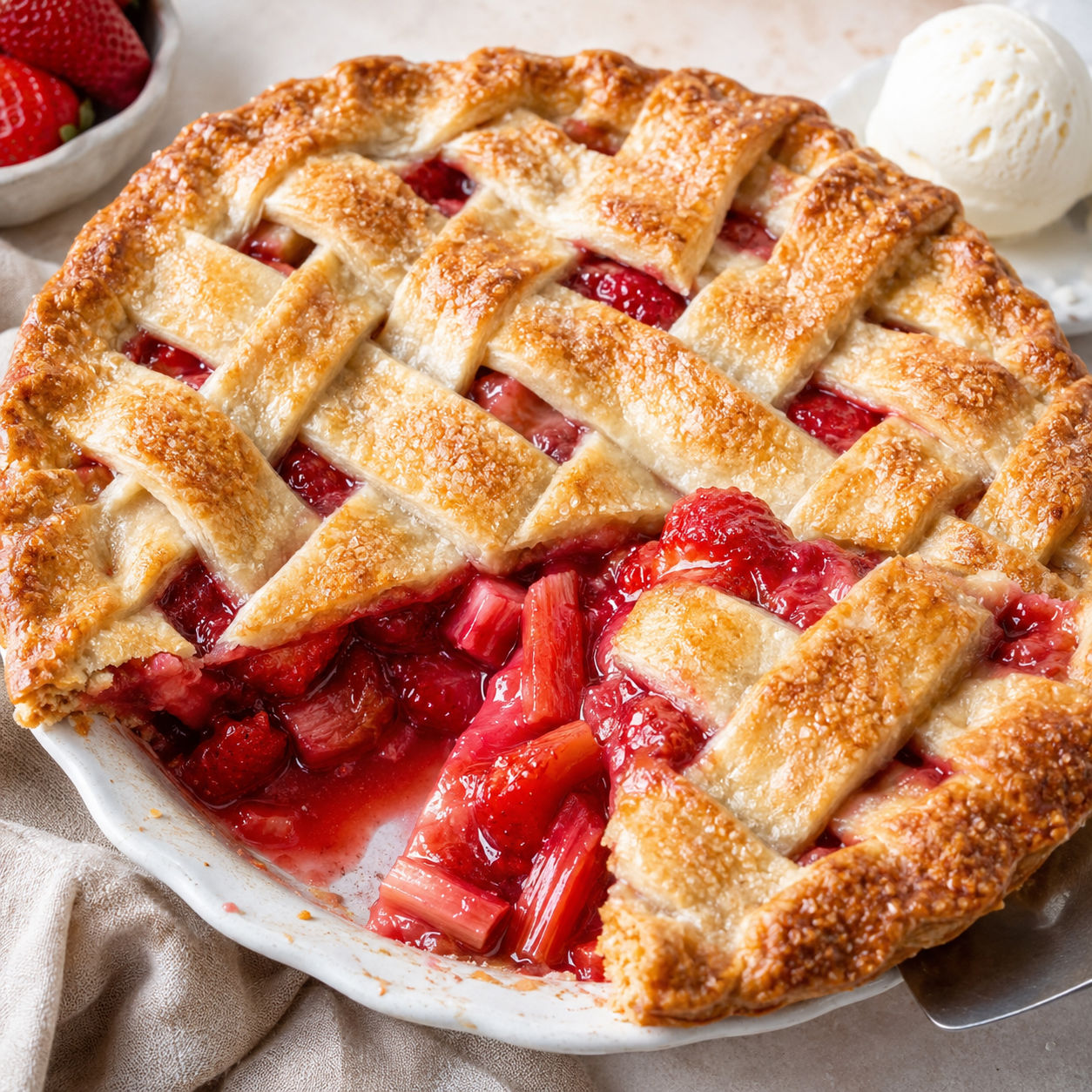 Homemade strawberry rhubarb pie with lattice crust and ruby filling