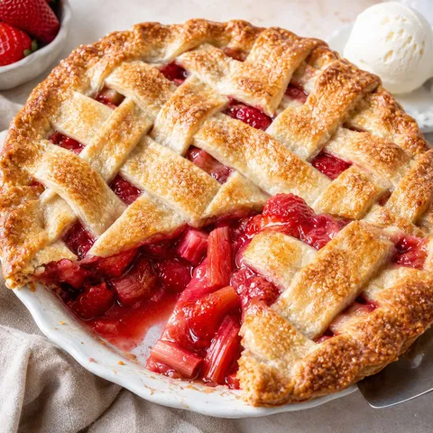 Homemade strawberry rhubarb pie with lattice crust and ruby filling