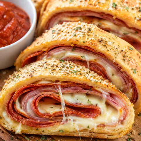 Sliced homemade stromboli with pepperoni, ham, salami, and melted cheese