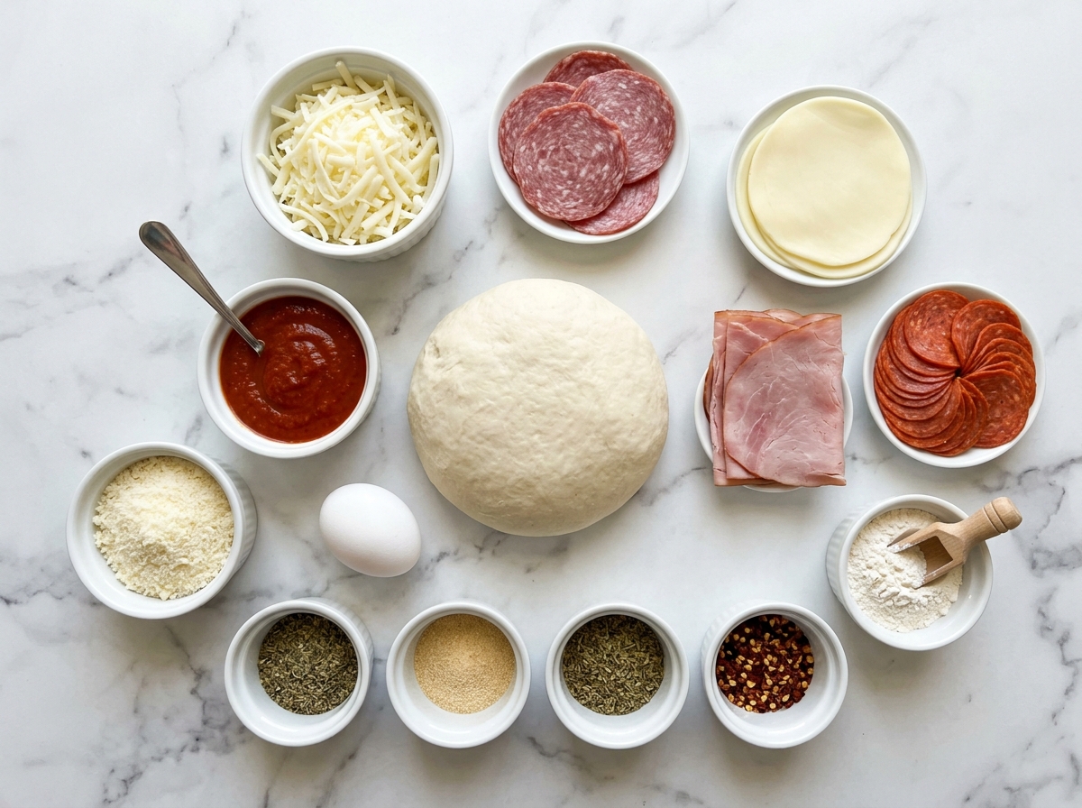 Ingredients for homemade stromboli with dough, meats, cheeses, and sauce