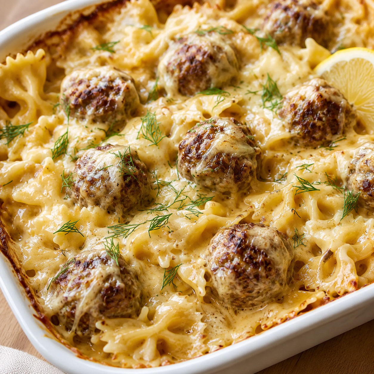 Swedish meatball pasta bake with dill, lemon, and melted cheese