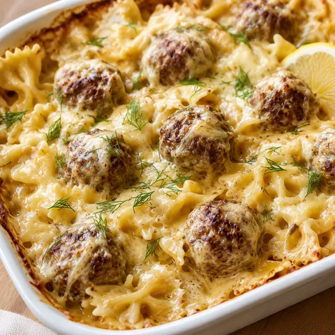 Swedish meatball pasta bake with dill, lemon, and melted cheese