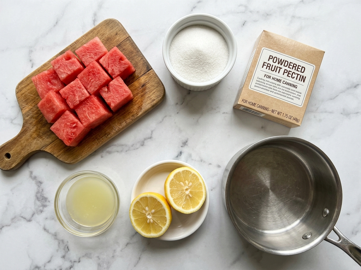 Fresh watermelon chunks, sugar, lemon, and pectin on a wooden surface