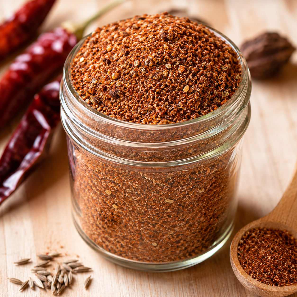 Mason jar of homemade taco seasoning with dried chiles and a wooden spoon