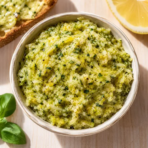 Jammy zucchini butter spread with herbs in a small ceramic bowl