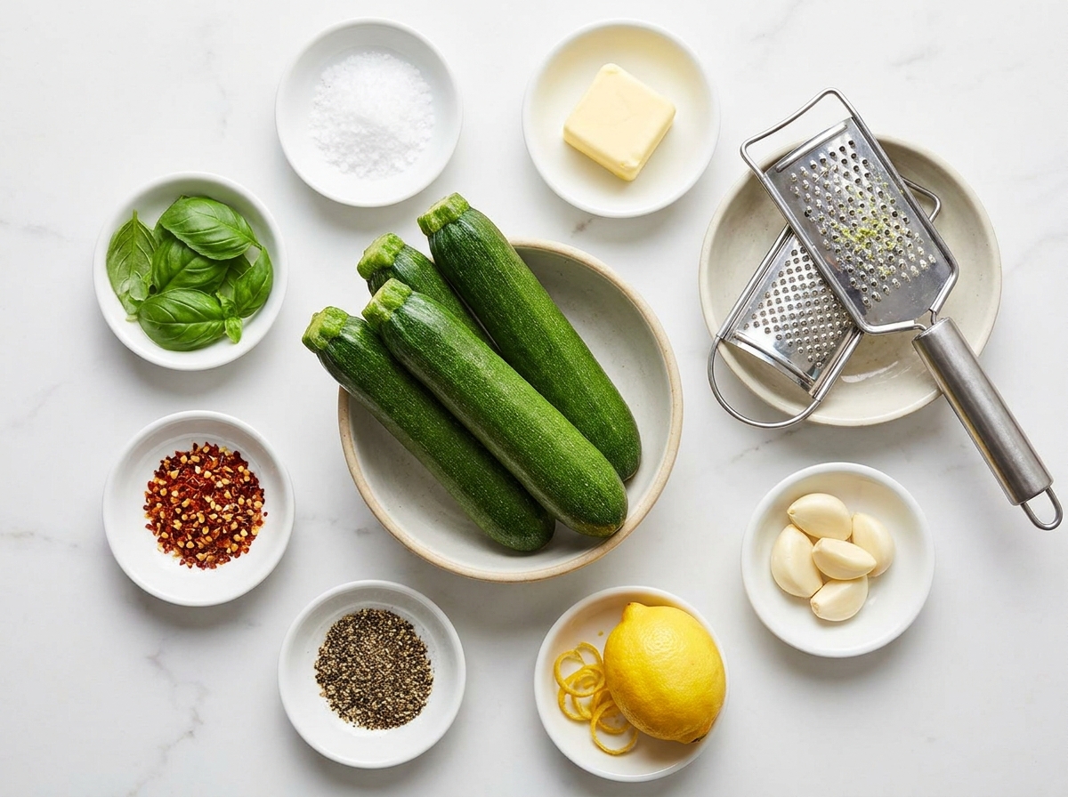 Fresh zucchini, butter, garlic, lemon, shallot, and herbs for zucchini butter