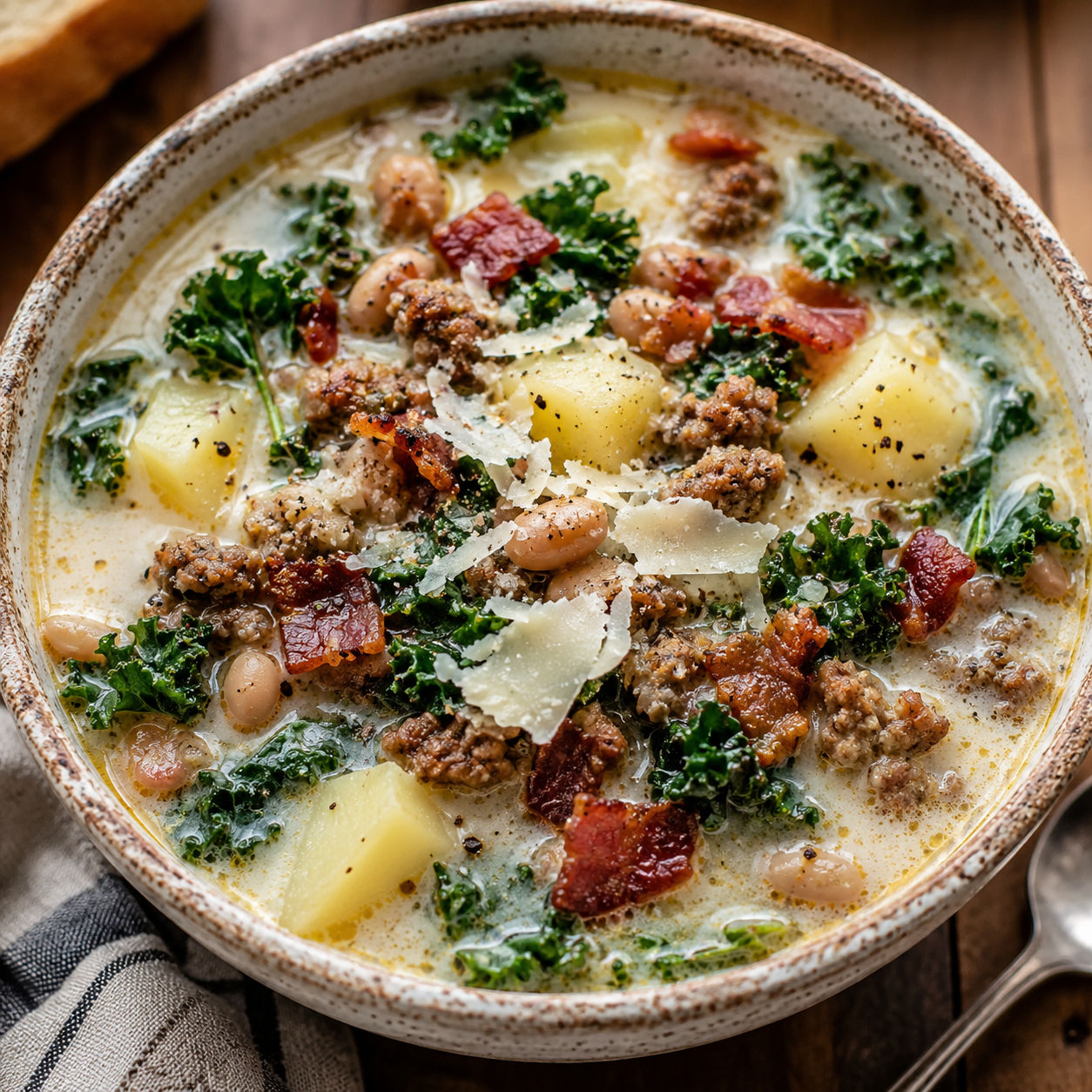 Homemade Zuppa Toscana with sausage, potatoes, kale, and parmesan