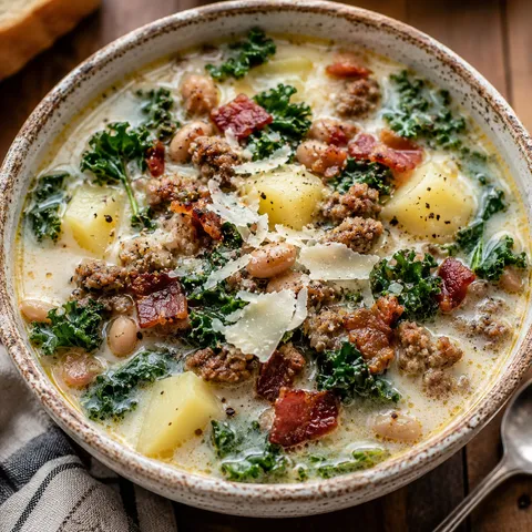 Homemade Zuppa Toscana with sausage, potatoes, kale, and parmesan