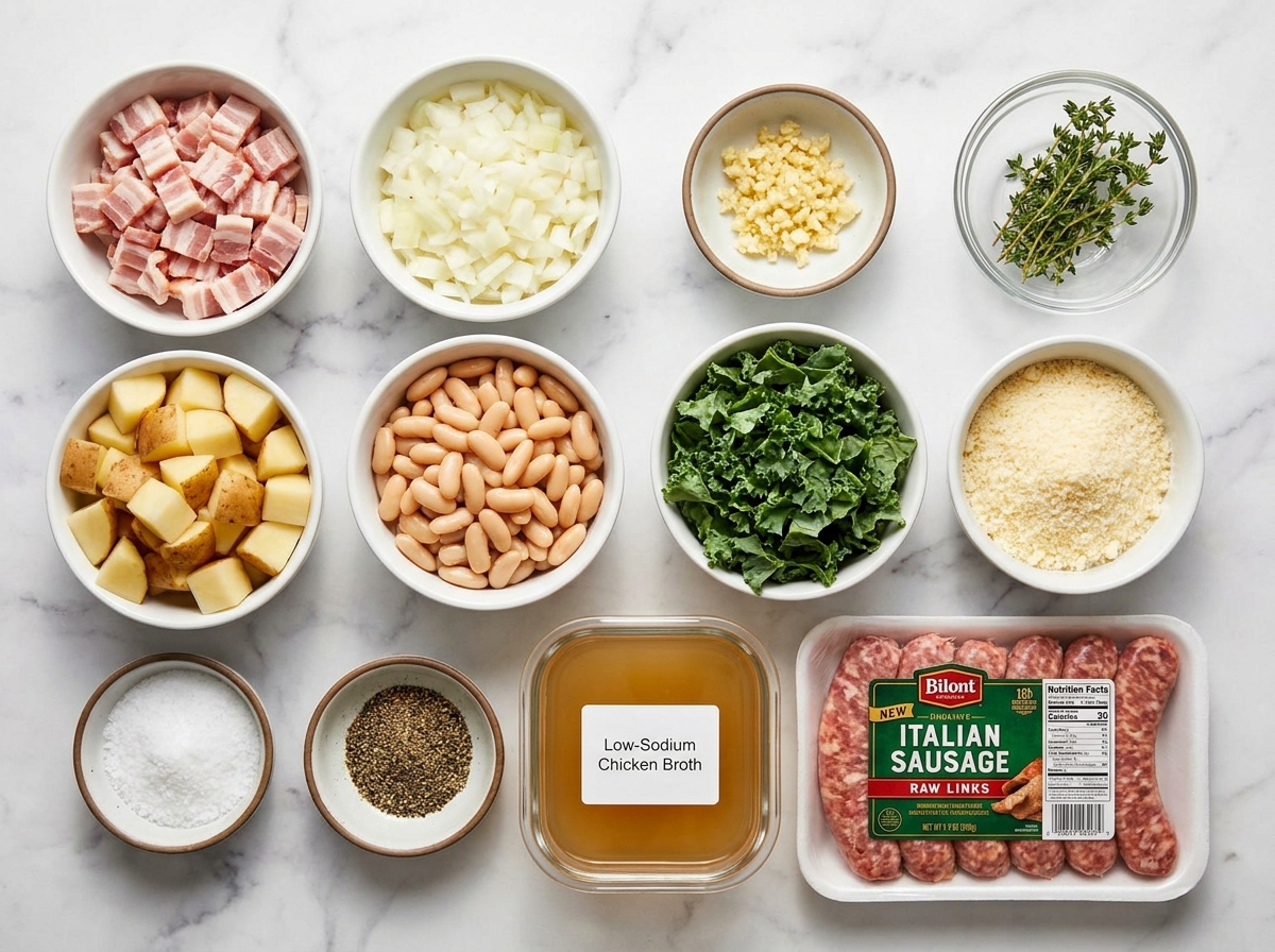 Ingredients for Homemade Zuppa Toscana with sausage, potatoes, kale, and cream