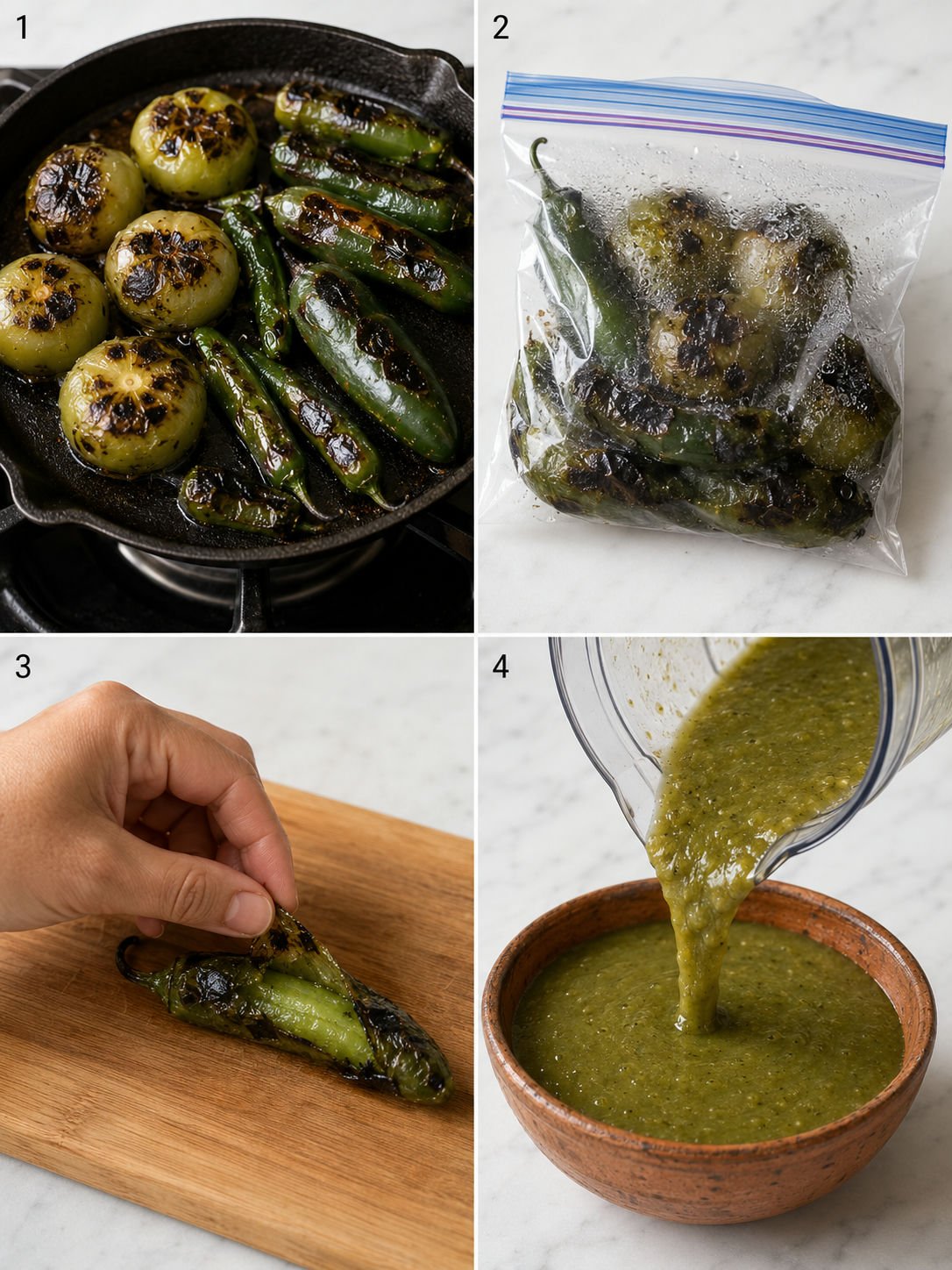 Four steps for salsa pecante: charring peppers on a comal, steaming, peeling, and blending