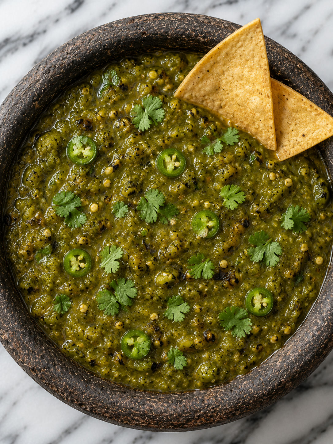 Overhead clay bowl of salsa pecante with cilantro, serrano slices, and tortilla chips