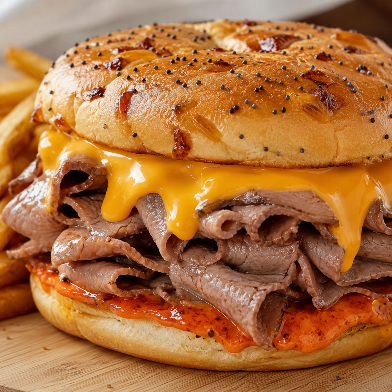 Beef and cheddar sandwich with roast beef, red ranch, and onion bun