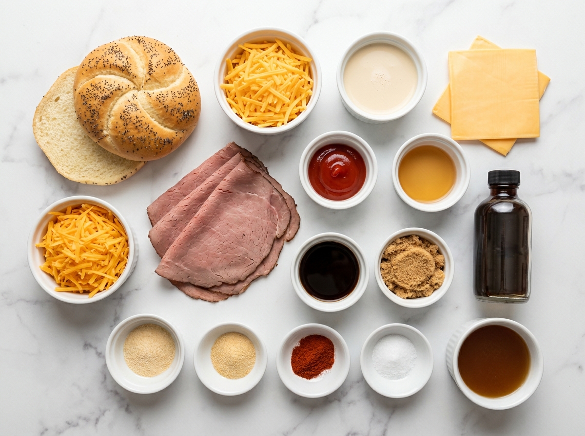 Ingredients for roast beef and cheddar sandwiches on a wooden surface