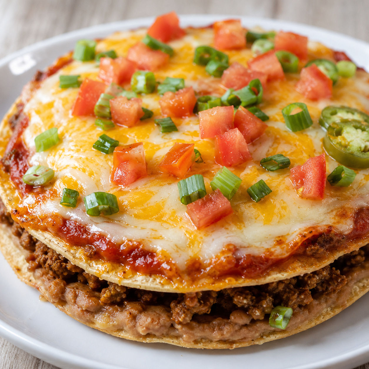 Mexican pizza with melted cheese, tomato, and green onion on a white plate
