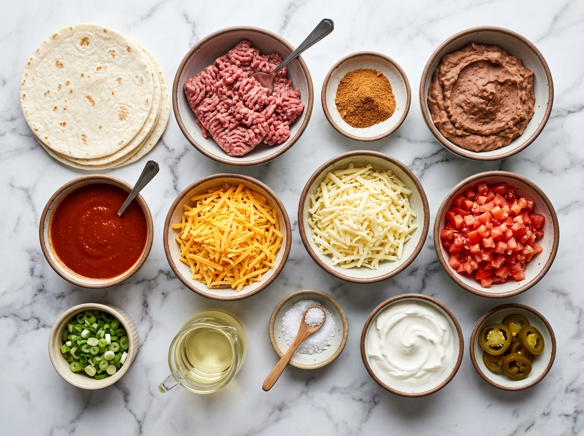 Ingredients for Mexican pizza with tortillas, beef, beans, sauce, and cheese