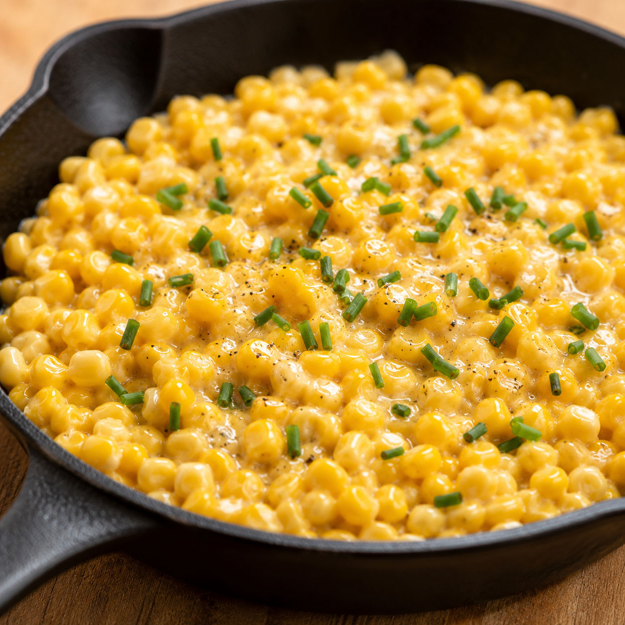 Creamy honey butter skillet corn in a cast iron skillet with chives