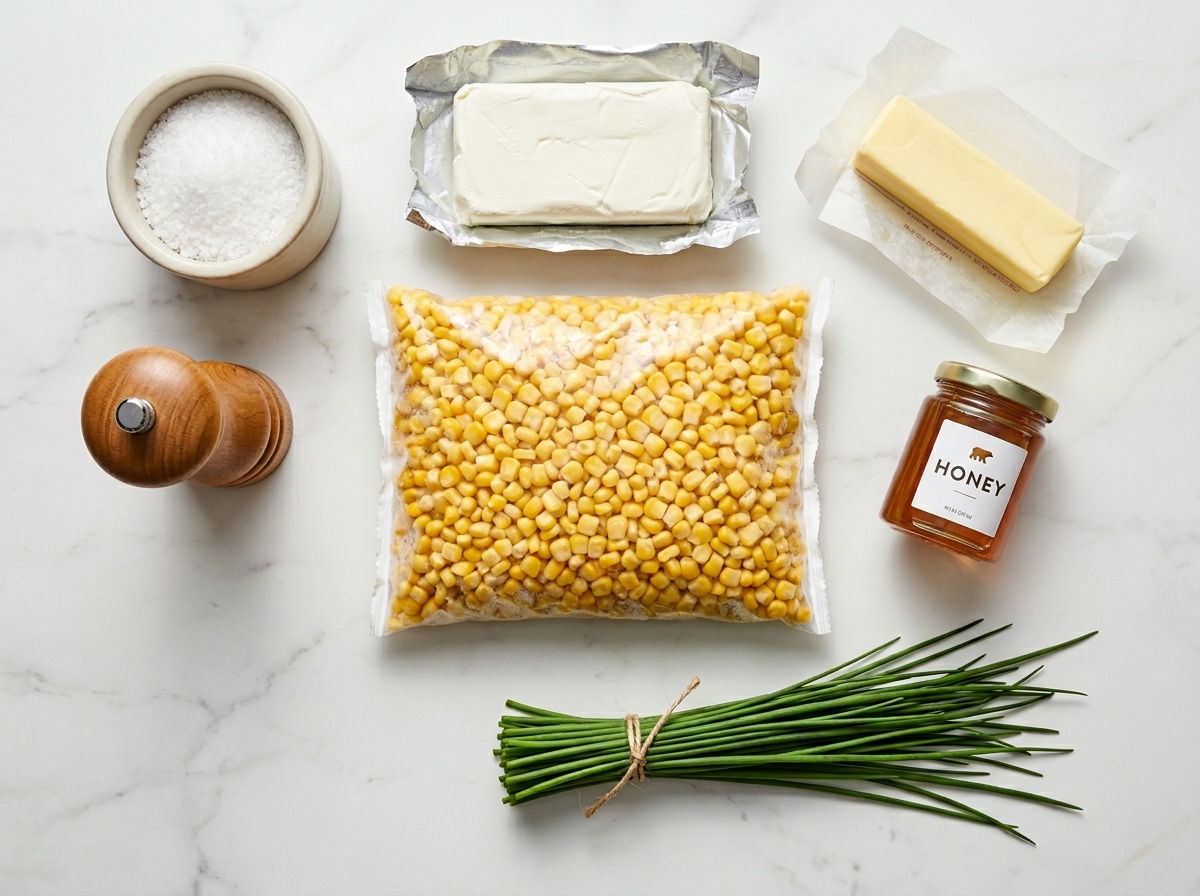 Raw ingredients for honey butter skillet corn on a wooden surface