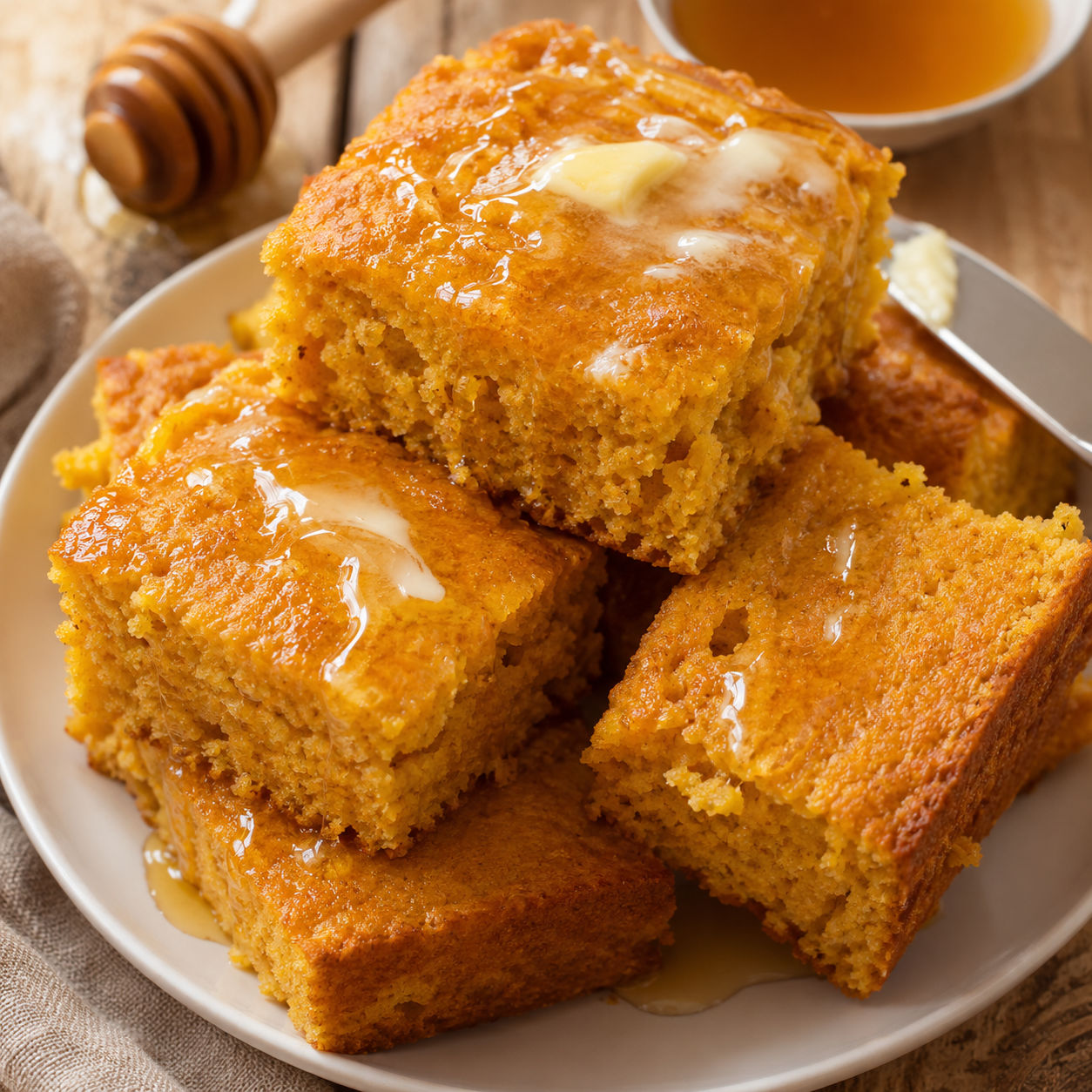 Honey butter sweet potato cornbread squares with melted butter