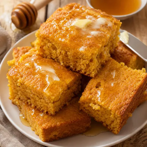 Honey butter sweet potato cornbread squares with melted butter