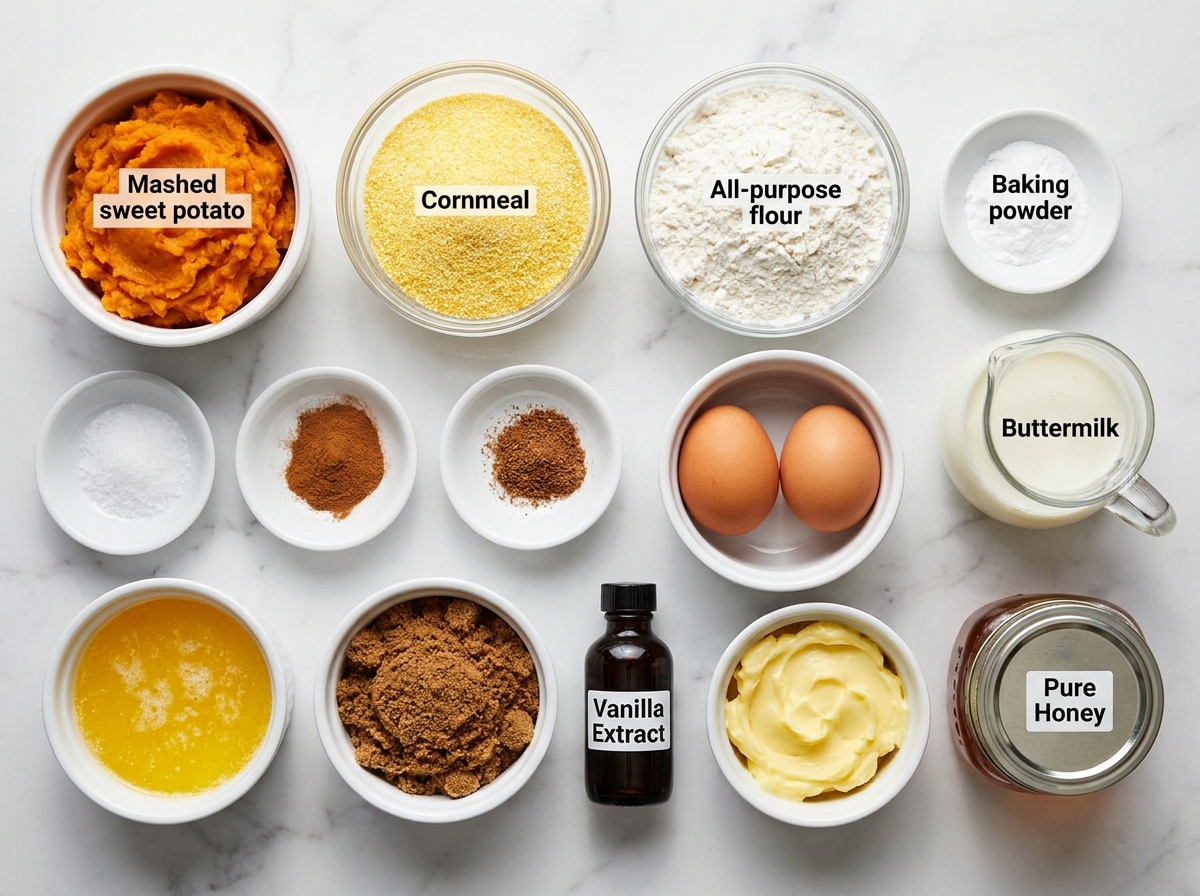 Ingredients for sweet potato cornbread with honey butter