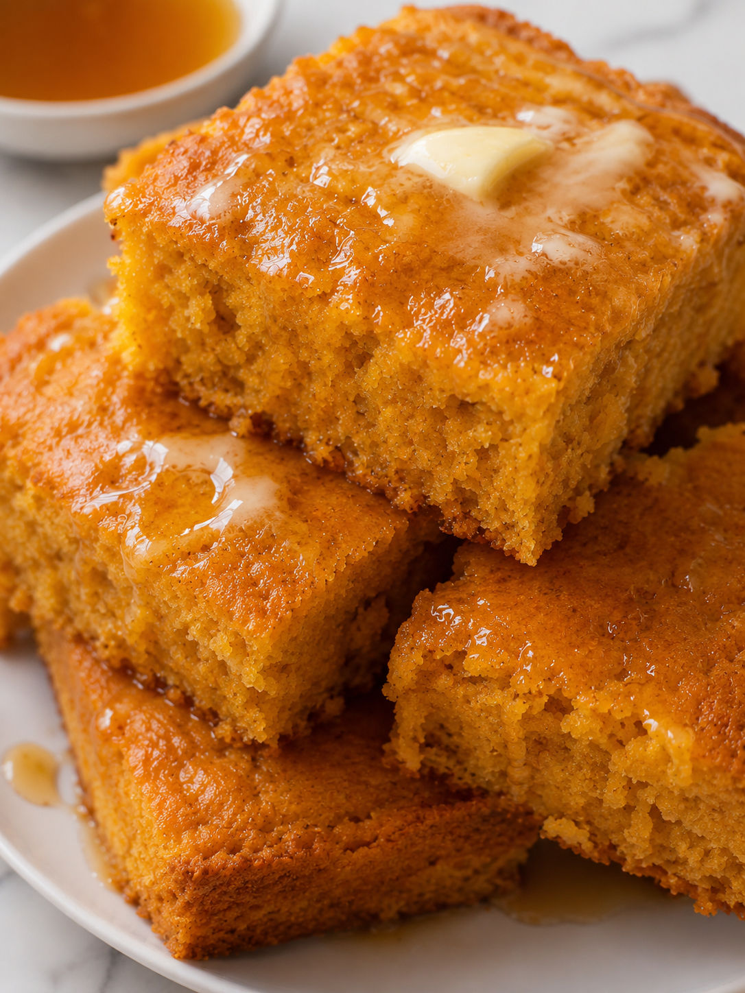 Honey Butter Sweet Potato Cornbread, plated and served