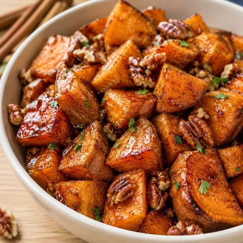 Honey cinnamon roasted sweet potatoes with pecans in a cream bowl