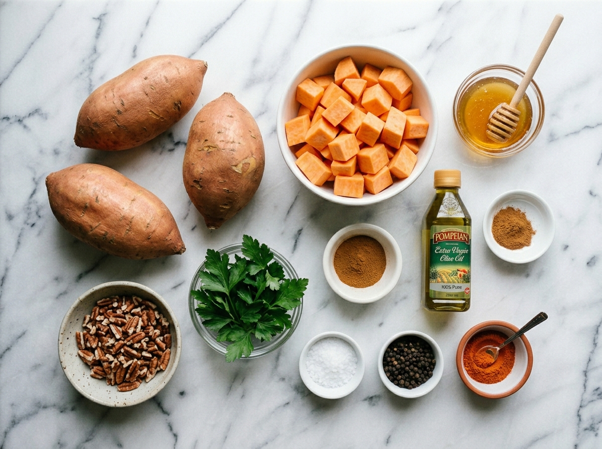 Sweet potatoes, honey, cinnamon, pecans, and seasonings on a wood surface