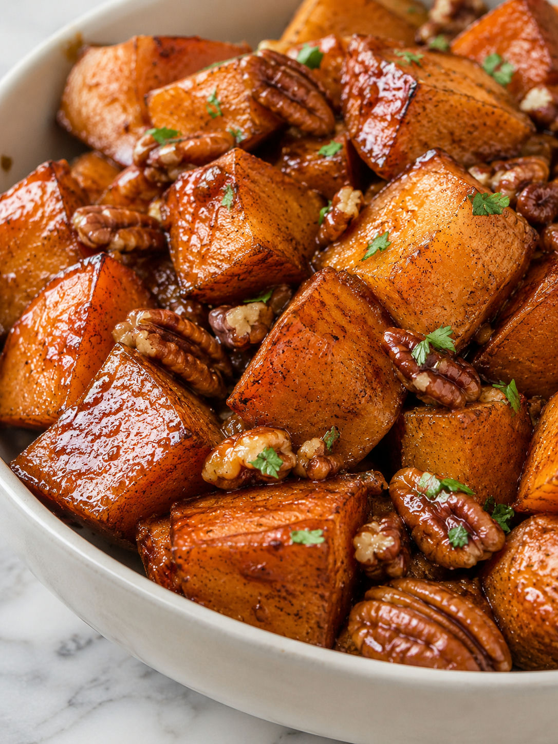 Honey Cinnamon Roasted Sweet Potatoes, plated and served