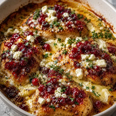 Honey cranberry chicken bake with melted brie, feta, and thyme