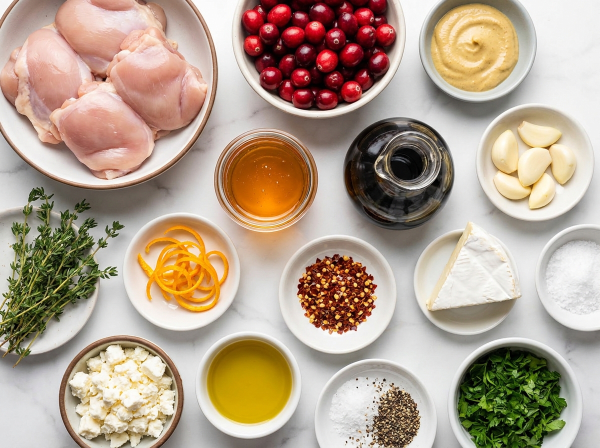 Ingredients for honey cranberry chicken with brie and feta