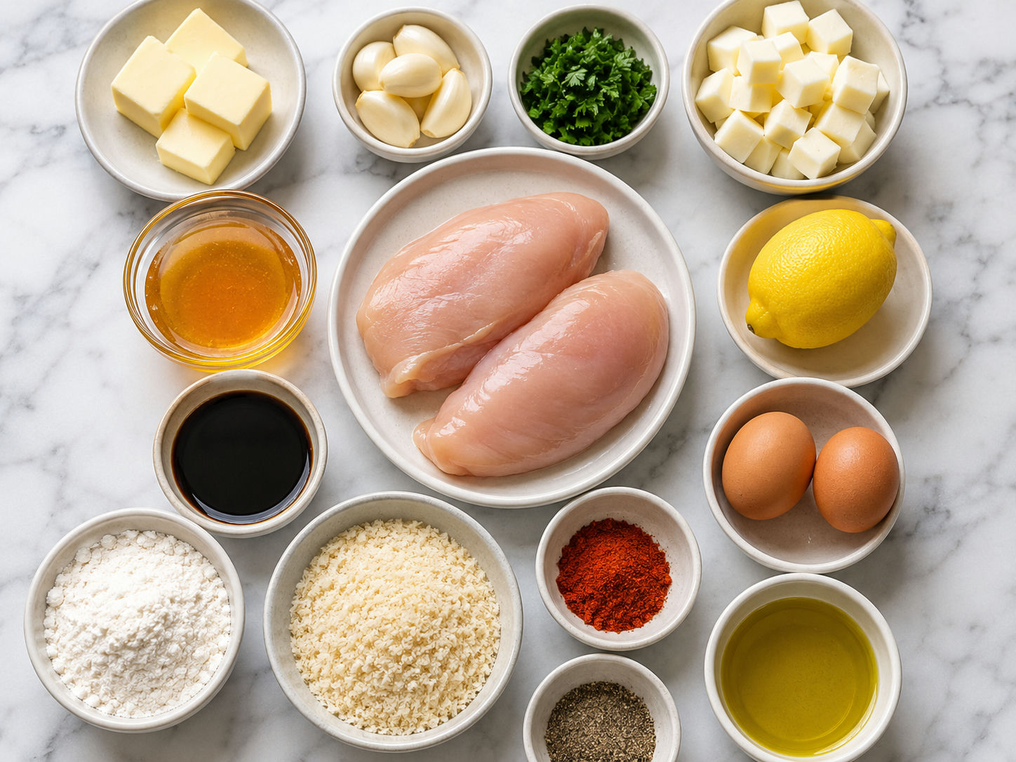 Ingredients for honey garlic butter stuffed chicken on a wooden surface