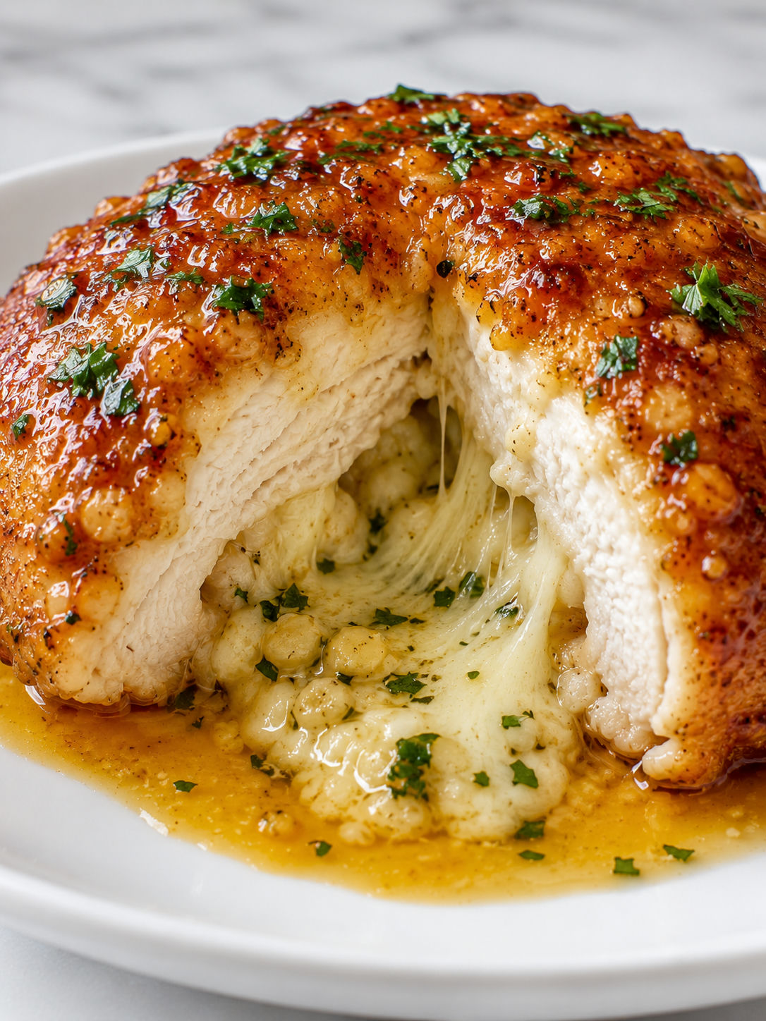Sliced honey garlic butter chicken bomb with melted mozzarella