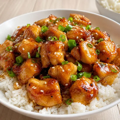 Honey Garlic Chicken over rice with scallions and sesame seeds
