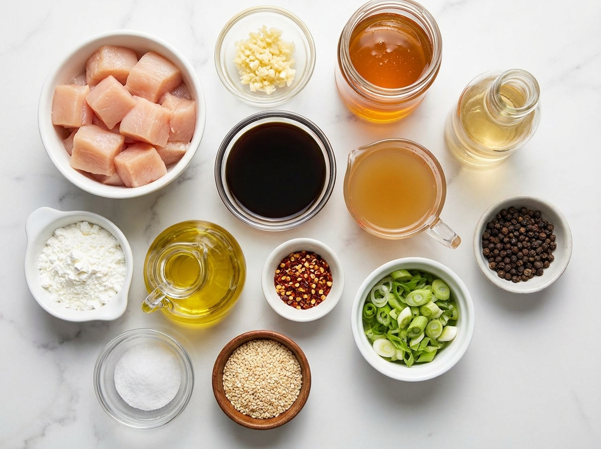 Ingredients for Honey Garlic Chicken arranged on a wooden surface