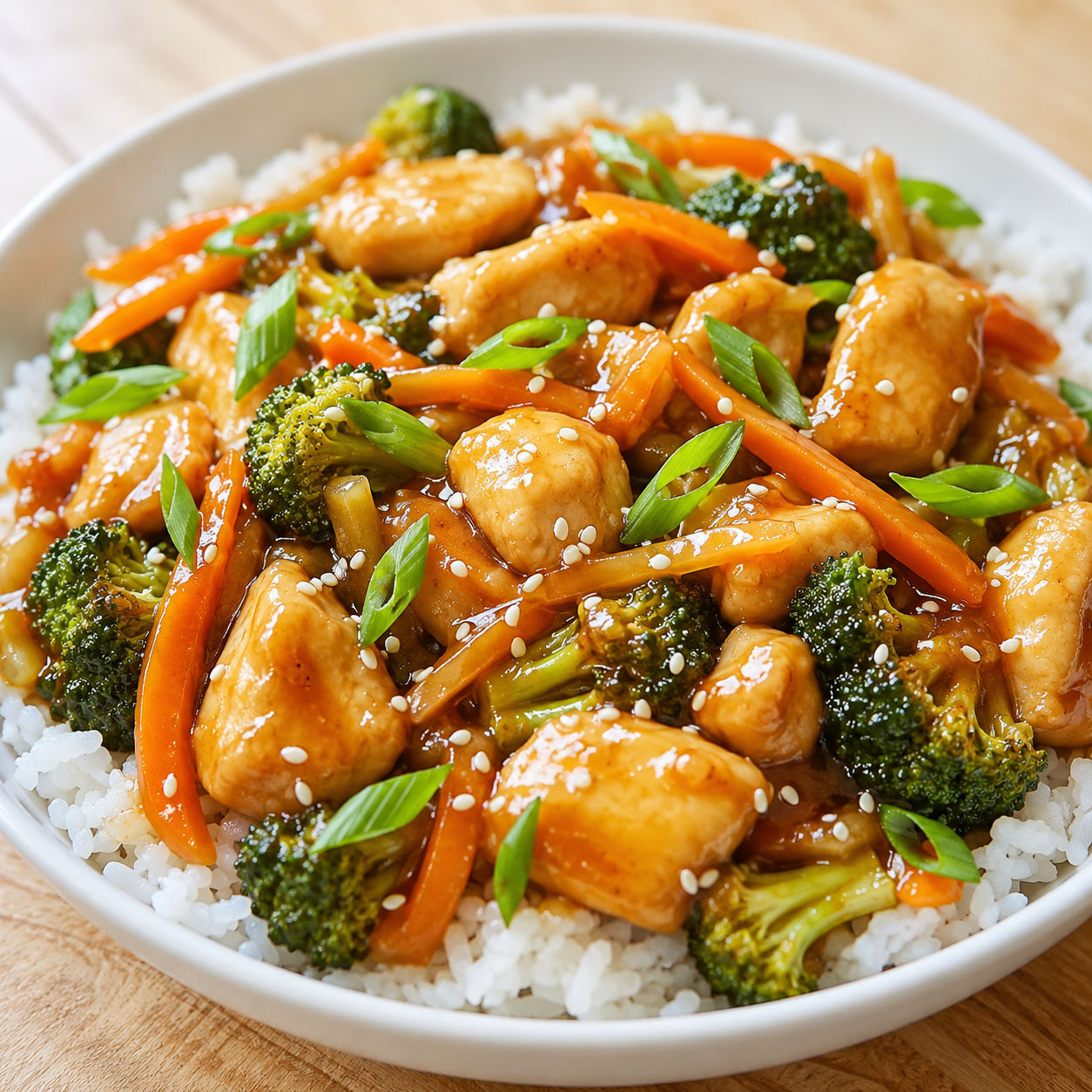 Honey garlic chicken with broccoli, carrots, sesame seeds, and rice