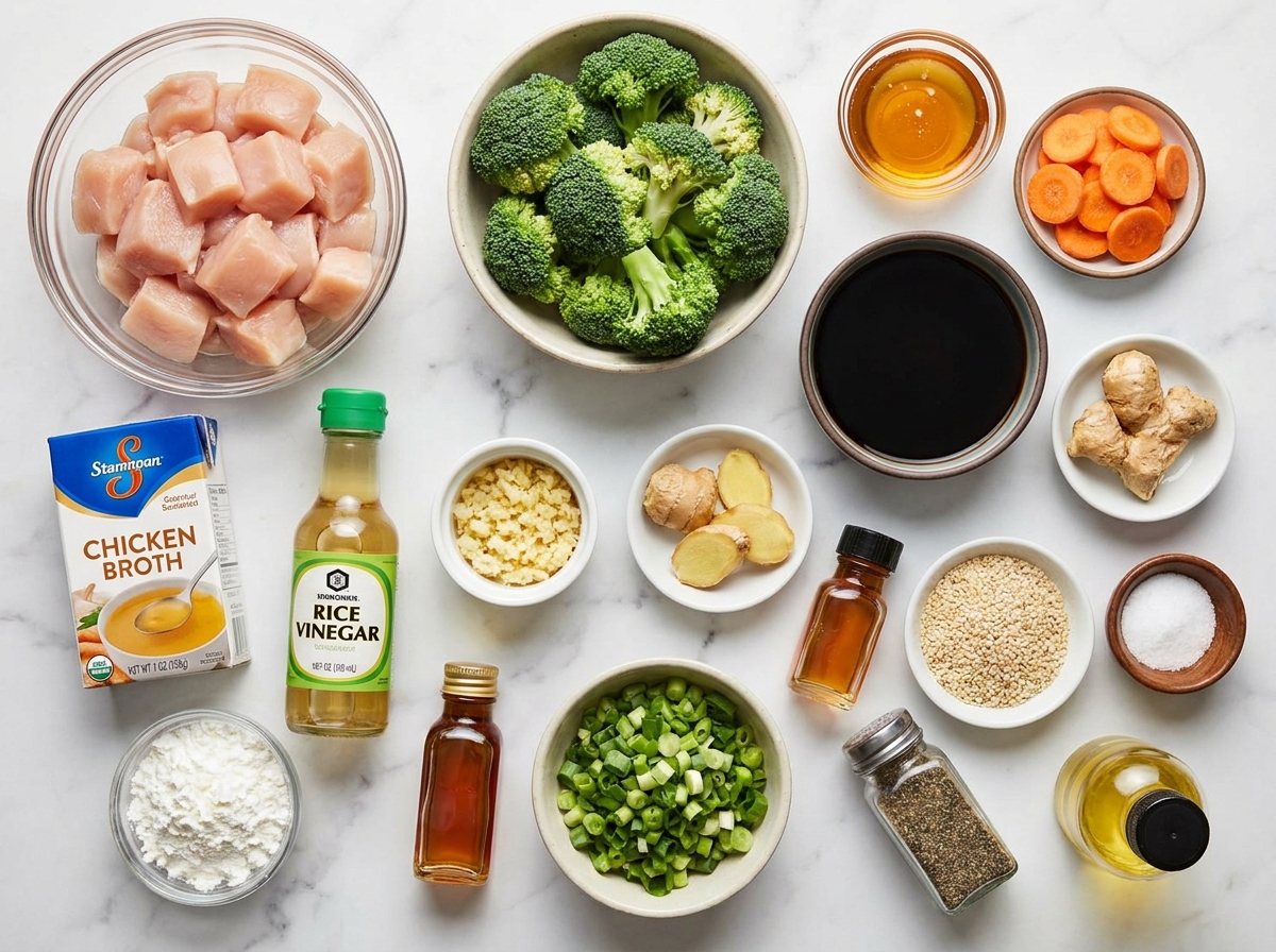 Raw chicken, broccoli, carrots, honey, garlic, soy sauce, and ginger