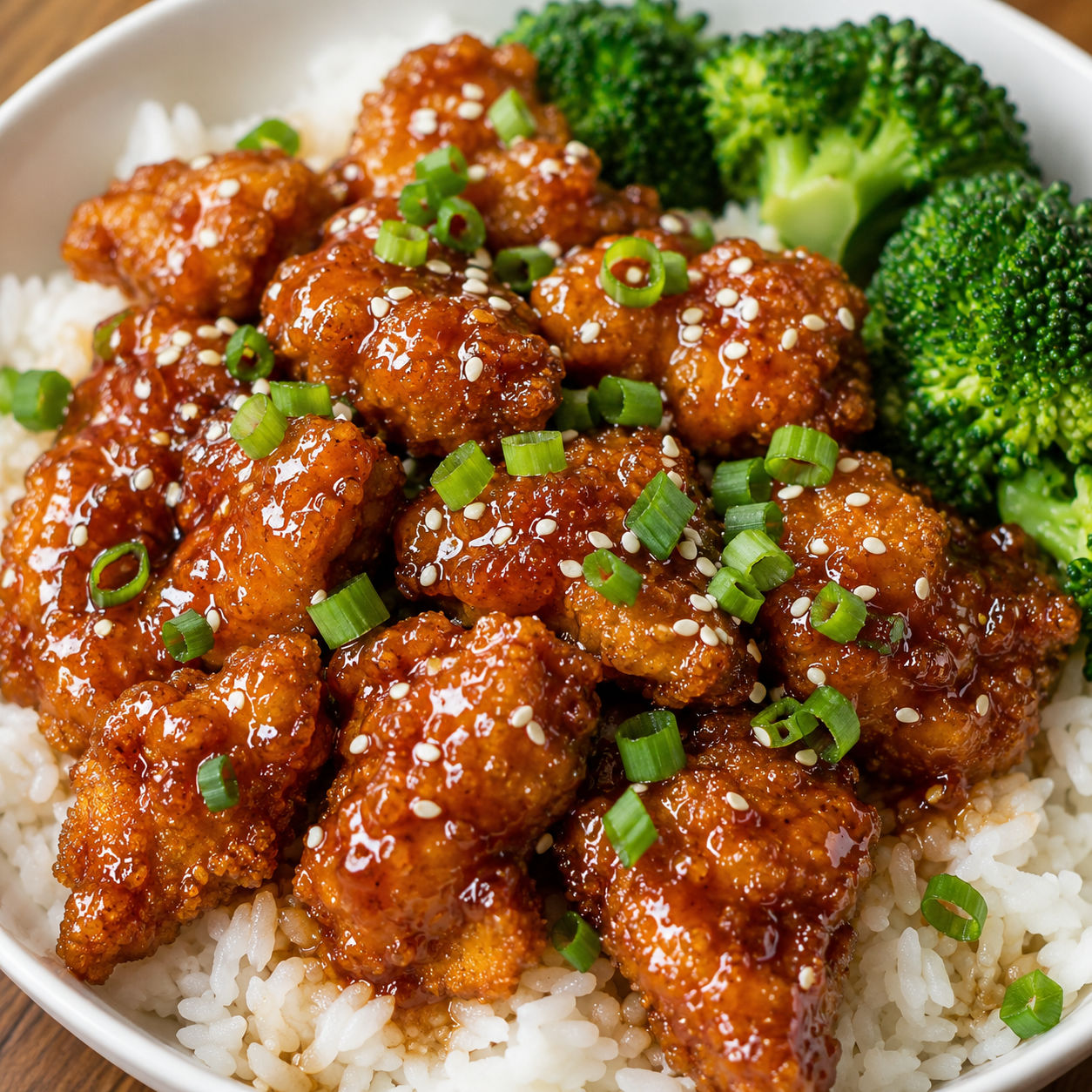 Honey garlic chicken bites with sesame and green onions over rice