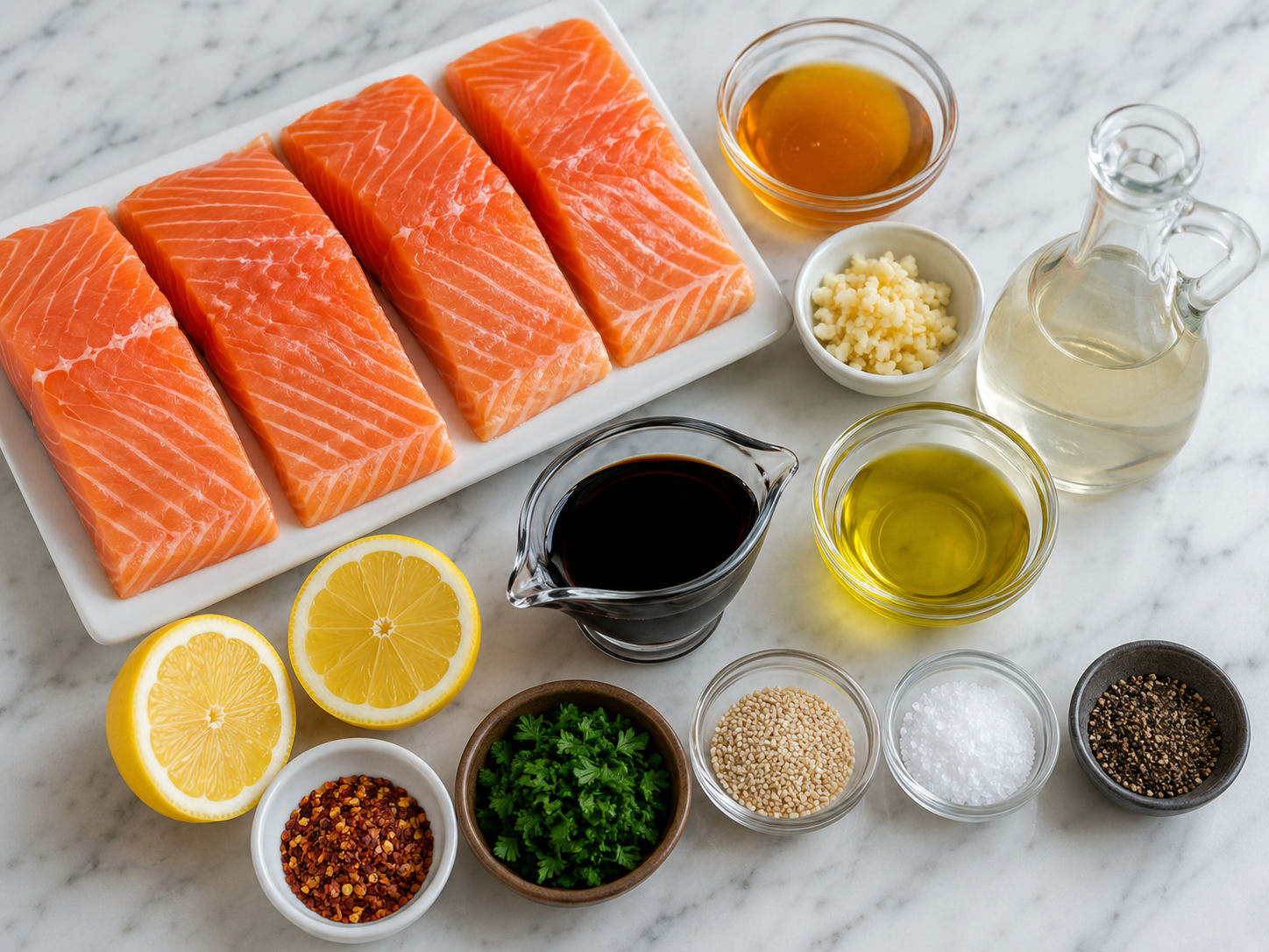 Raw salmon, honey, garlic, soy sauce, lemon, parsley, and sesame ingredients