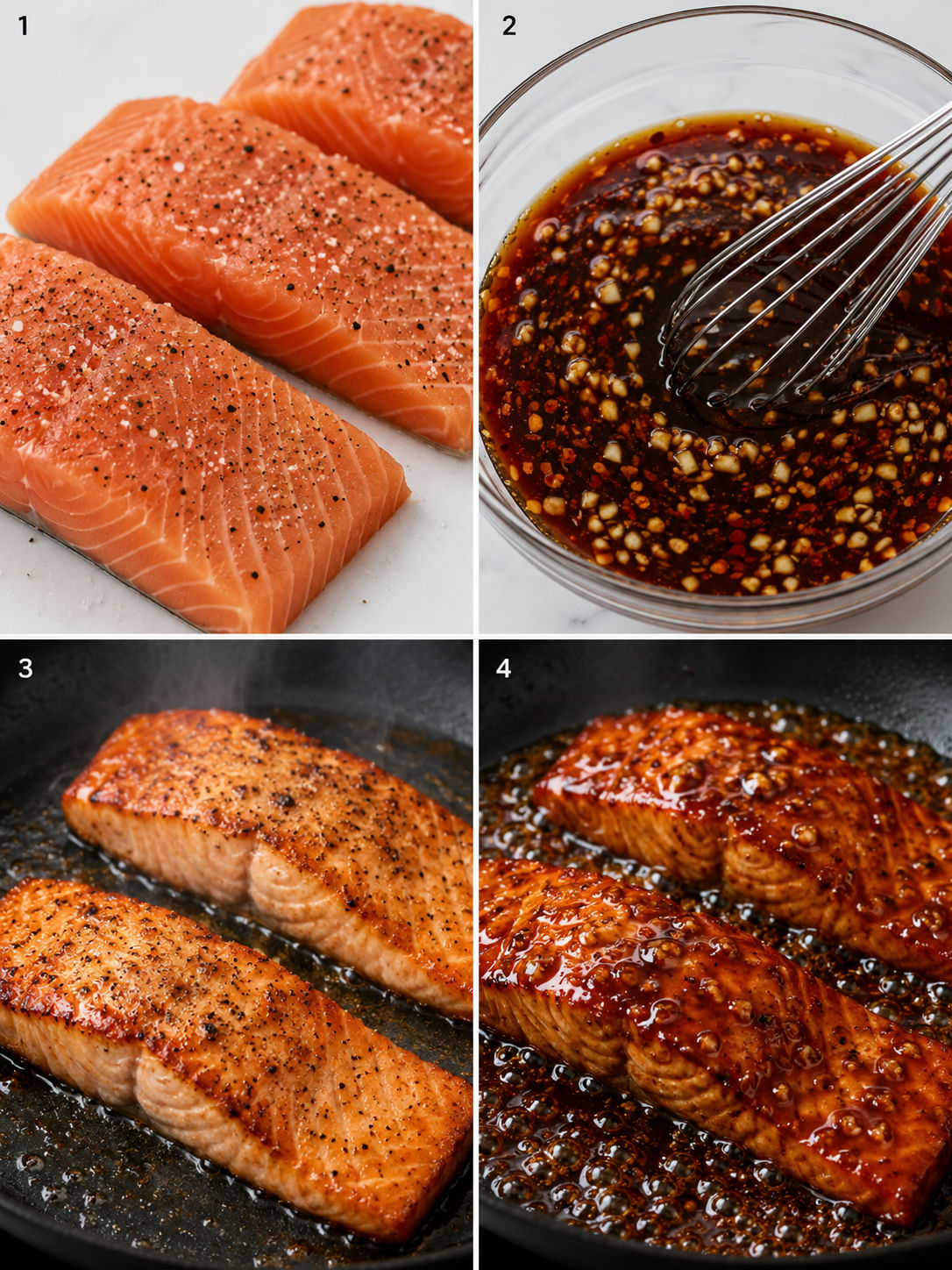 Four cooking steps for honey garlic salmon from seasoning to glazing