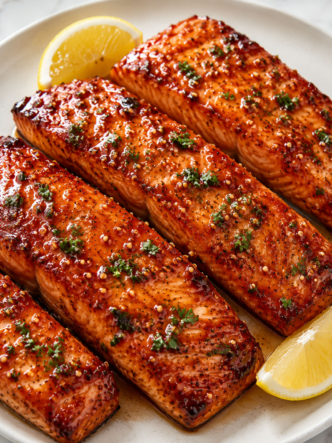 Sticky honey garlic salmon with sesame seeds, parsley, and lemon wedges