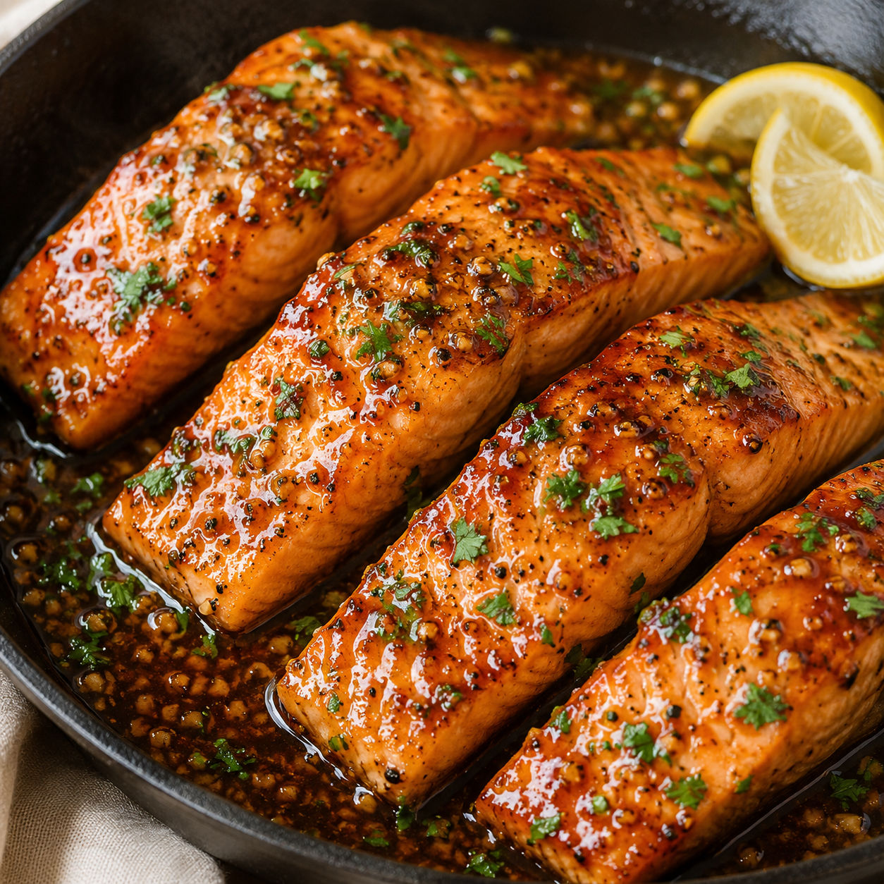 Honey garlic glazed salmon with fresh parsley and lemon in a skillet