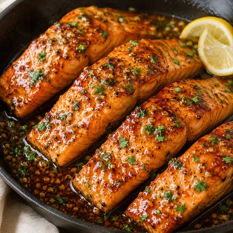 Honey garlic glazed salmon with fresh parsley and lemon in a skillet