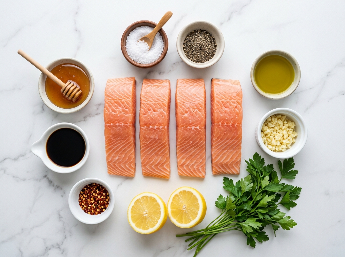 Raw salmon, honey, garlic, lemon, soy sauce, and parsley on a wooden counter