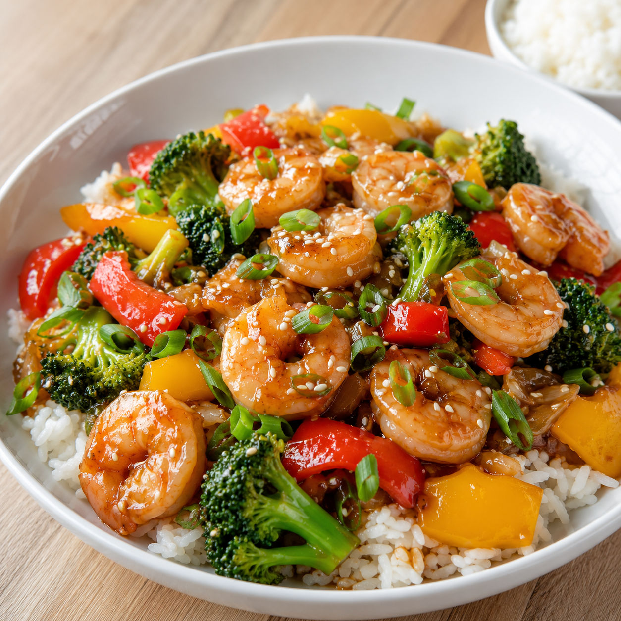 Honey garlic shrimp stir-fry with broccoli, peppers, and sesame seeds
