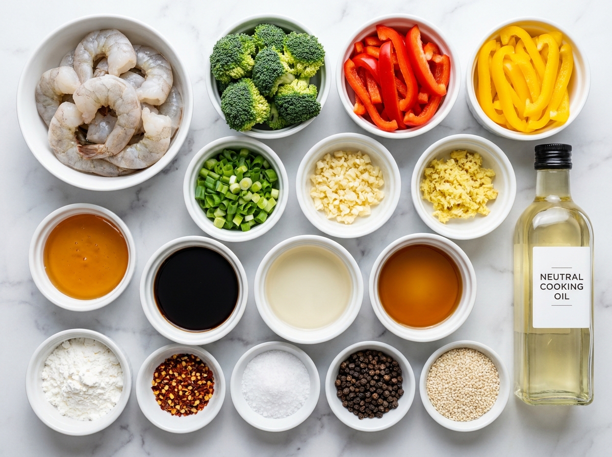 Raw shrimp, broccoli, peppers, honey, garlic, ginger, and sauce ingredients