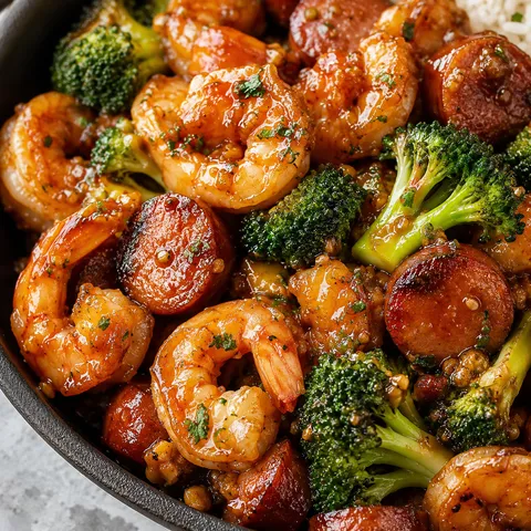 Honey garlic shrimp with sausage and broccoli in a glossy skillet
