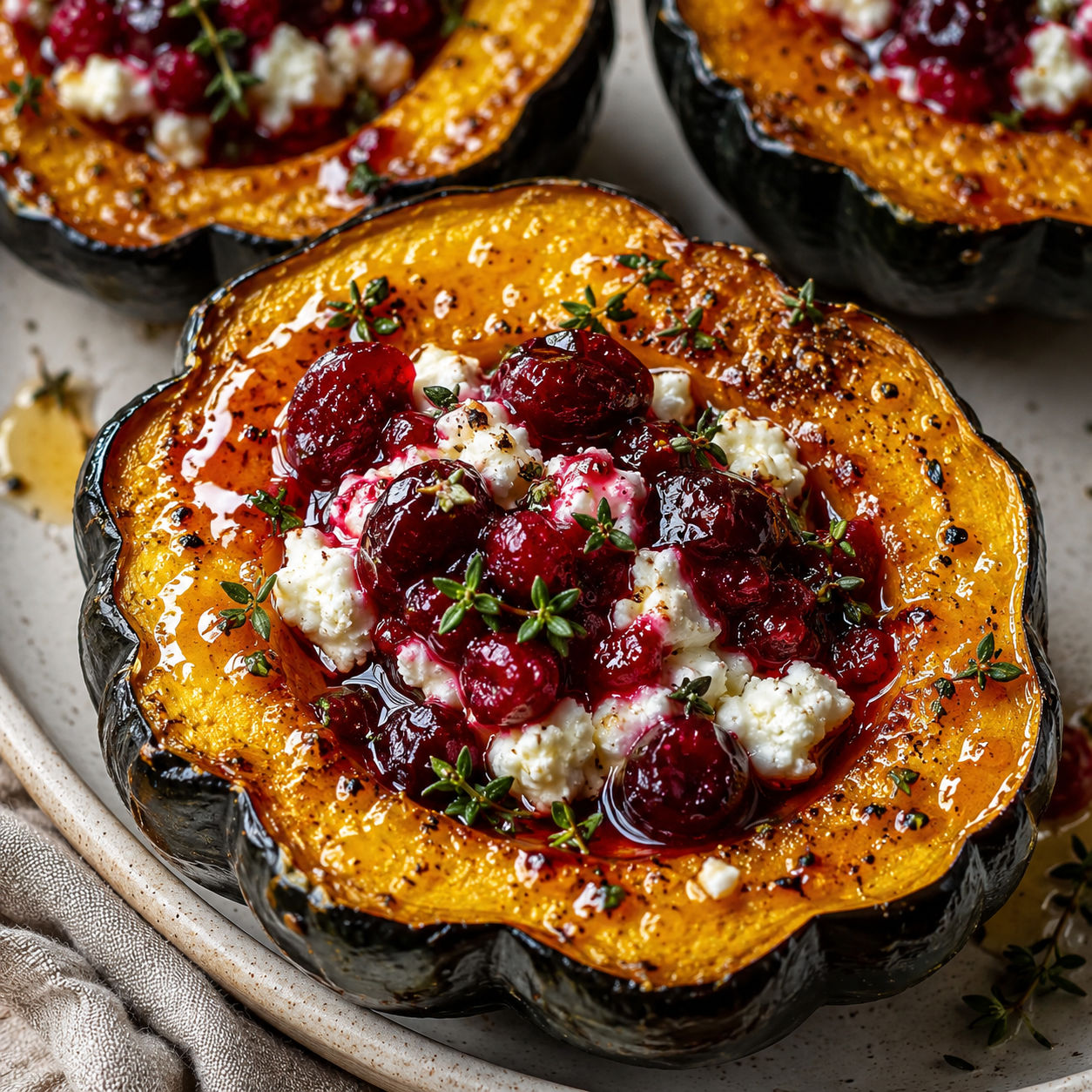 Honey glazed acorn squash with goat cheese and cranberry drizzle