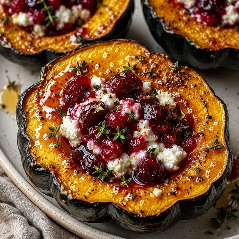 Honey glazed acorn squash with goat cheese and cranberry drizzle
